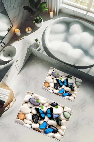 Yıkanabilir Kaymaz Tabanlı Modern Desenli 2'li Banyo Paspas Takımı BPS0032 RENKLİ 60 X 90 ürün görseli 1