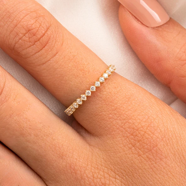 Gümüş Yüzük - Yarım Tur Alyans Zirkon Taşlı 925 Ayar Gümüş Yüzük - 5