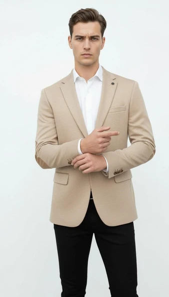 Plus Scorpion Bej Erkek İtalyan Kesim Blazer Ceket – Kol Yamali, Slim Fit, Şık ve Modern Tasarım ürün görseli