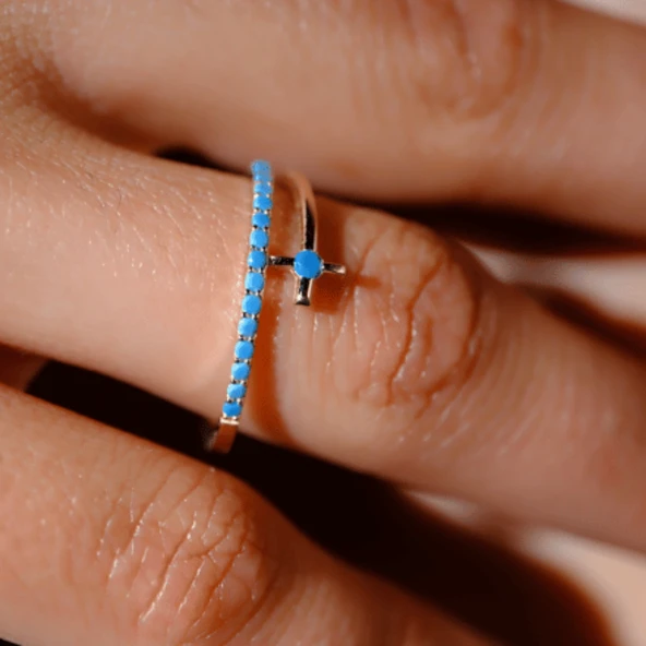 Gümüş Yüzük - Firuze Taşlı Yarım Tur Sarmalı Modern Tasarım 925 Ayar Gümüş Kadın Yüzük - Hediyelik - 8