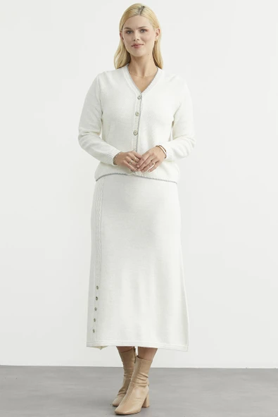 Kloş Etek Hırka Triko Takım - Kemik