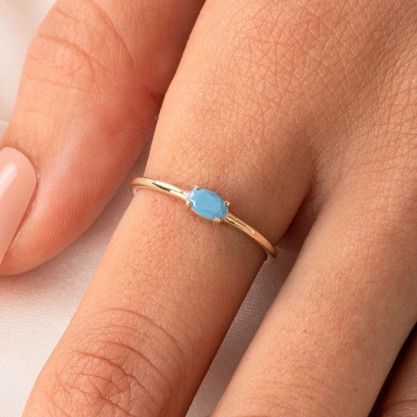 Gümüş Yüzük - 0.50 Karat Oval Sade Minimal Firuze (Turkuaz) 925 Ayar Tektaş Gümüş Yüzük - 7