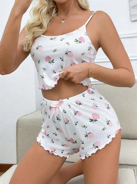 AmoraSecret AmoraSecret Beyaz Üstüne Gül Desenli Fitilli Askılı Şortlu Pijama Takımı