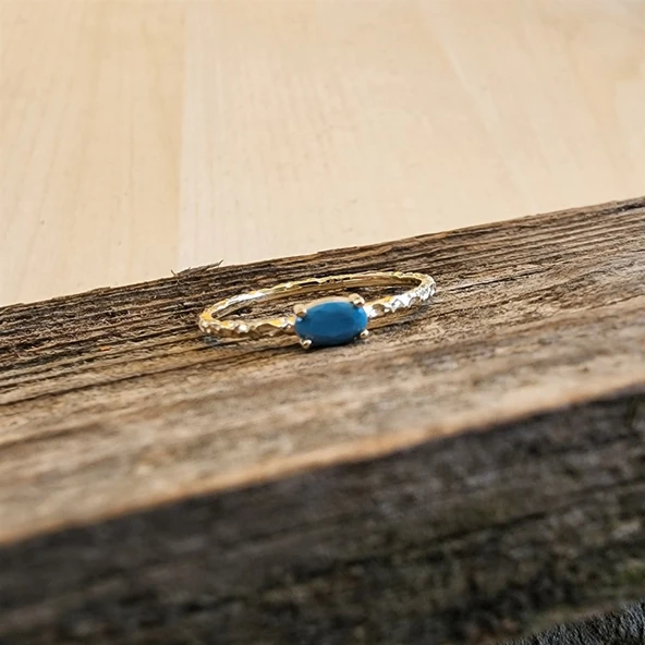 Gümüş Yüzük - 0.35 Karat Firuze Taşlı Eskitme Minimal Tasarım 925 Ayar Gümüş Yüzük - Hediyelik Yüzük - Resim 7