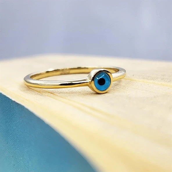 Gümüş Yüzük - Mavi Göz Boncuklu 925 Ayar Gümüş Tektaş-Nazar Boncuklu Minimal 925 Ayar Tektaş Yüzük - 3