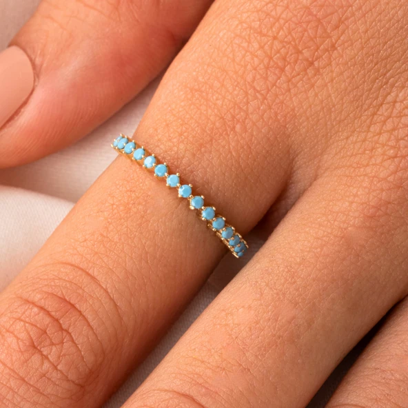 925 Ayar Gümüş Yüzük-Firuze Taşlı Yarım Tur Gümüş Yüzük-925 Ayar Kadın Hediye Sarı Gümüş Yüzük - 8