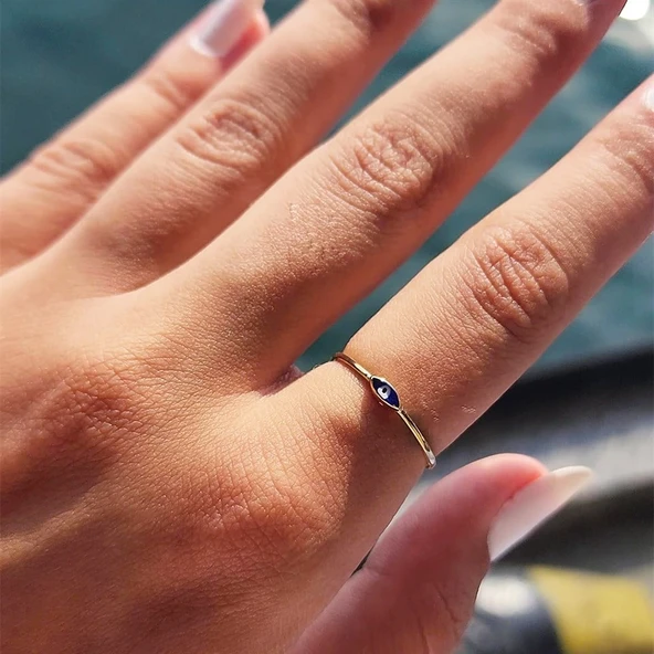 Gümüş Yüzük - Mekik Lacivert Mineli Göz Gümüş Yüzük-Minimal Tektaş Tasarım Nazar Boncuğu Gümüş Yüzük - Resim 6