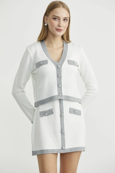 Blok Geçişli Elbise Hırka Triko Takım - Gri - 4