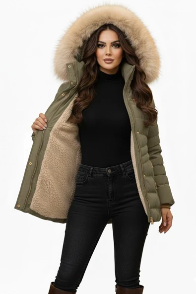 Kadın Spor Kapüşonlu İçi Peluş Mont  M5306 BGL-ST04891 - Resim 7