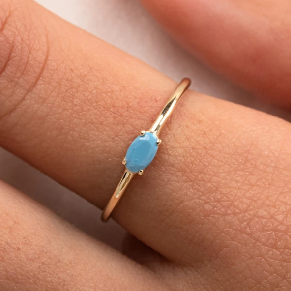 Gümüş Yüzük - 0.50 Karat Oval Sade Minimal Firuze (Turkuaz) 925 Ayar Tektaş Gümüş Yüzük - 3