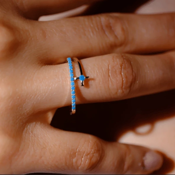 Gümüş Yüzük - Firuze Taşlı Yarım Tur Sarmalı Modern Tasarım 925 Ayar Gümüş Kadın Yüzük - Hediyelik - 4