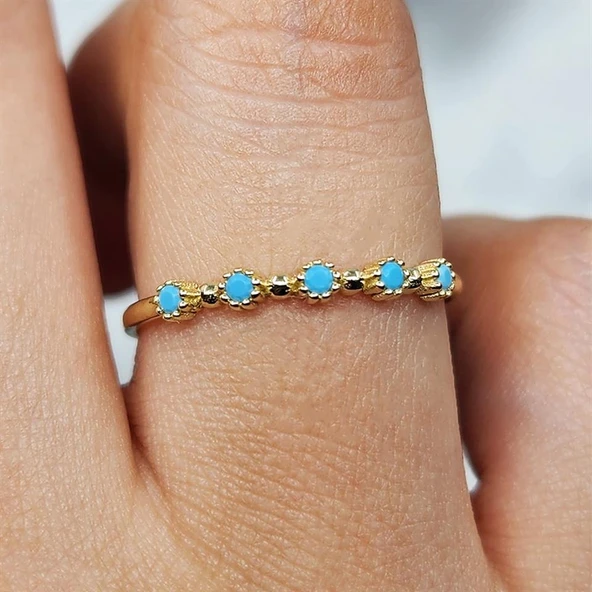 Gümüş Yüzük - Firuze Taşlı Beş Taşlı Minimal Modern Tasarım 925 Ayar Gümüş Yüzük - Resim 3