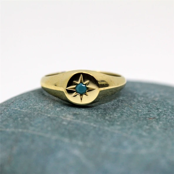 Firuze Taşlı Şimal Yıldızı Yuvarlak Mühür 925 Ayar Gümüş Yüzük-Yıldızlı Hediye Gümüş Yüzük - 9