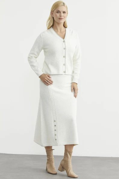 Kloş Etek Hırka Triko Takım - Kemik - 3