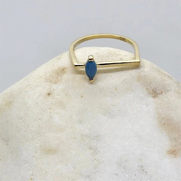 Gümüş Yüzük -  0.40 CT Mekik Firuze Taşlı Kare Kol Tasarım Gümüş Hediyelik Kadın Tektaş Gümüş Yüzük - Resim 2