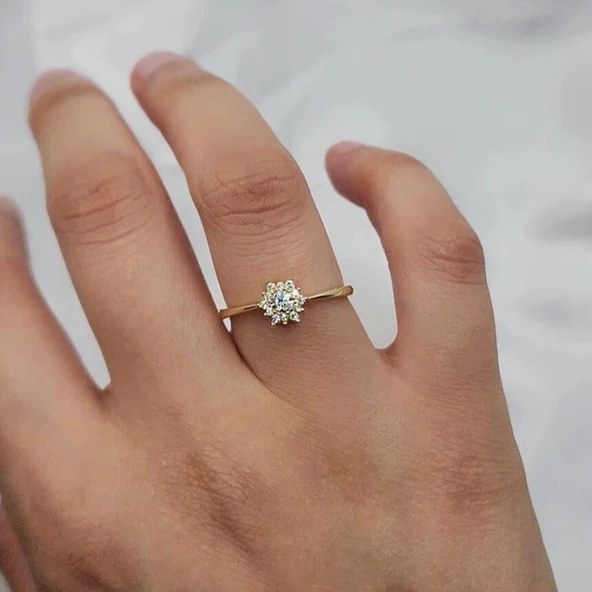 Gümüş Yüzük - Zirkon (Beyaz) Taşlı Gül Evlilik Teklifi Yüzüğü - Hediyelik 925 Ayar Kadın Gümüş Yüzük - 3