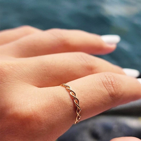 Gümüş Yüzük - İnce Örgü Minimal Tasarım 925 Ayar Gümüş Alyans-Örgü Minimal Yüzüğü-Hediye Gümüş Yüzük - 5