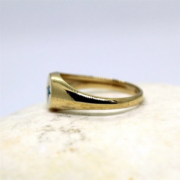 Firuze Taşlı Şimal Yıldızı Yuvarlak Mühür 925 Ayar Gümüş Yüzük-Yıldızlı Hediye Gümüş Yüzük - 12