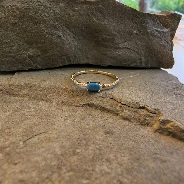 Gümüş Yüzük - 0.35 Karat Firuze Taşlı Eskitme Minimal Tasarım 925 Ayar Gümüş Yüzük - Hediyelik Yüzük - Resim 8