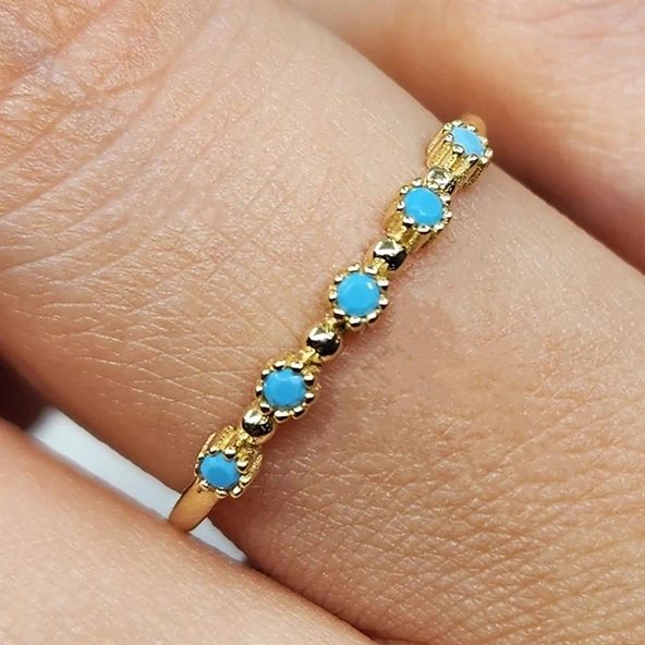 Gümüş Yüzük - Firuze Taşlı Beş Taşlı Minimal Modern Tasarım 925 Ayar Gümüş Yüzük - Resim 4