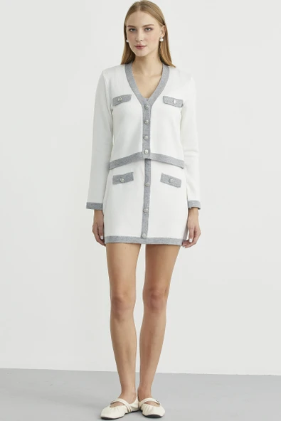 Blok Geçişli Elbise Hırka Triko Takım - Gri - 2