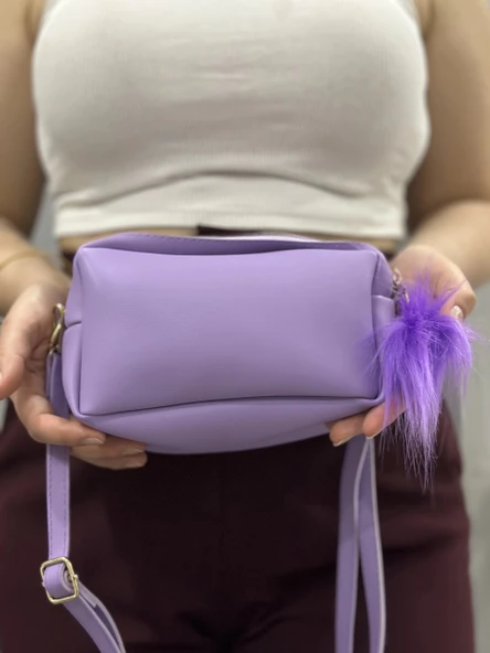 BİÇOMİ Ponpon mor cilt çanta - Resim 2