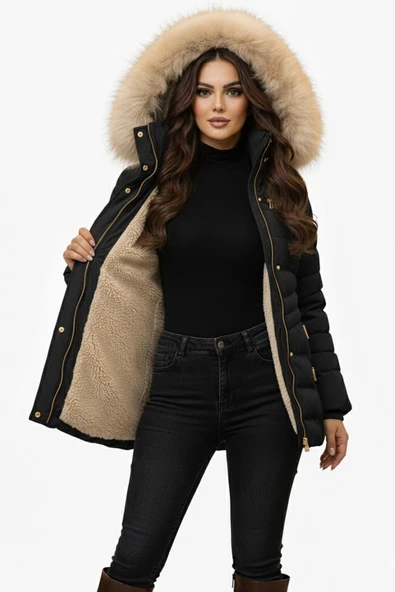 Kadın Spor Kapüşonlu İçi Peluş Mont  M5306 BGL-ST04891 - Resim 6