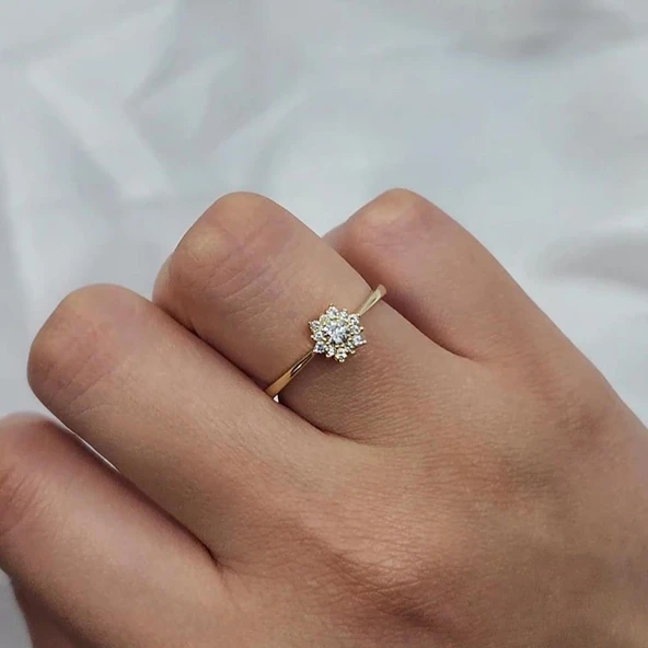 Gümüş Yüzük - Zirkon (Beyaz) Taşlı Gül Evlilik Teklifi Yüzüğü - Hediyelik 925 Ayar Kadın Gümüş Yüzük - 6