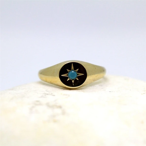 Firuze Taşlı Şimal Yıldızı Yuvarlak Mühür 925 Ayar Gümüş Yüzük-Yıldızlı Hediye Gümüş Yüzük - 10