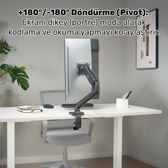 NPO STD46012B Airgrip 17"-32" Ergonomik 360° Amortisörlü VESA Tek Kol Monitör Tutucu - Resim 3