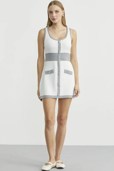 Blok Geçişli Elbise Hırka Triko Takım - Gri