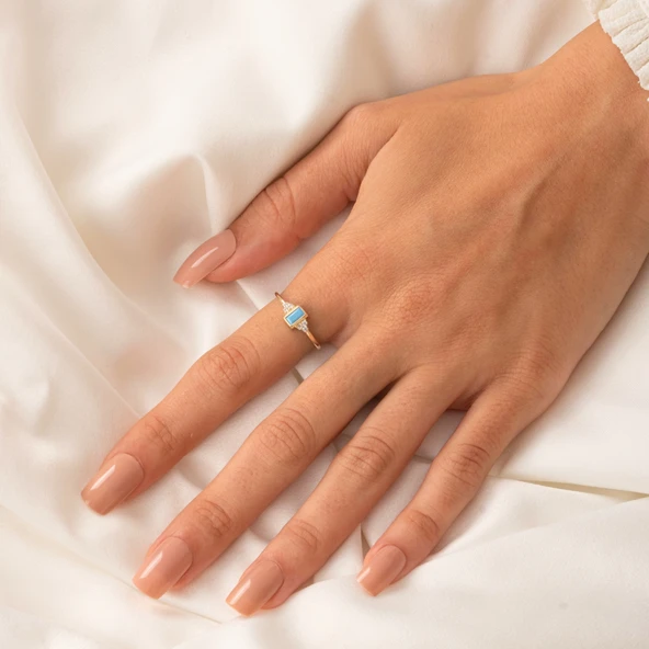 Gümüş Yüzük - Baget Kesim Firuze (Turkuaz) Taşlı Modern 925 Ayar Gümüş Tektaş Yüzük Günlük-Hediyelik - 4