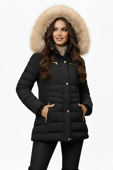 Kadın Spor Kapüşonlu İçi Peluş Mont  M5306 BGL-ST04891 - Resim 4