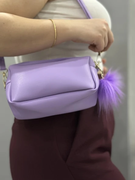 BİÇOMİ Ponpon mor cilt çanta ürün görseli
