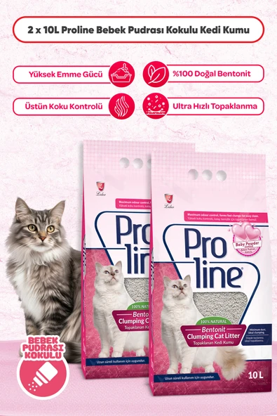 Pro Line Proline Bebek Pudrası Kokulu Ince Tane Topaklanan Kedi Kumu 10 Lt X 2 Adet
