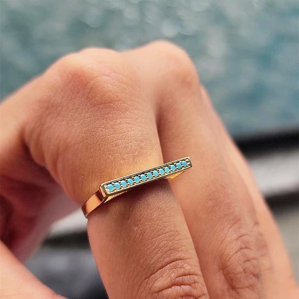 Gümüş Yüzük - Firuze Taşlı Düz Çizgi Modern Dizayn 925 Ayar Gümüş Yüzük - Resim 9