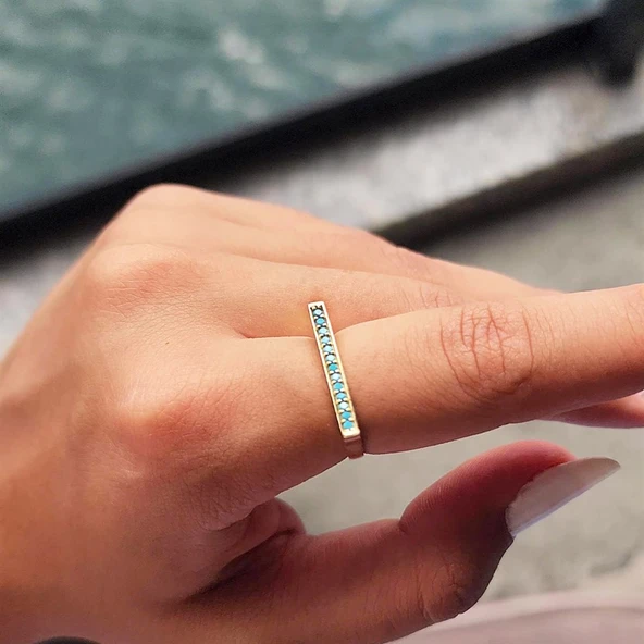 Gümüş Yüzük - Firuze Taşlı Düz Çizgi Modern Dizayn 925 Ayar Gümüş Yüzük - Resim 4