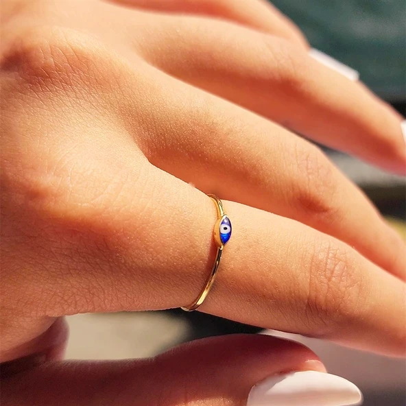 Gümüş Yüzük - Mekik Lacivert Mineli Göz Gümüş Yüzük-Minimal Tektaş Tasarım Nazar Boncuğu Gümüş Yüzük - Resim 11