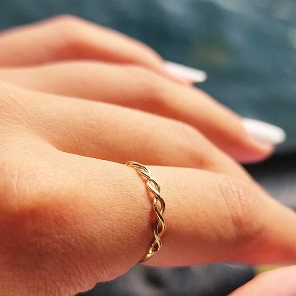 Gümüş Yüzük - İnce Örgü Minimal Tasarım 925 Ayar Gümüş Alyans-Örgü Minimal Yüzüğü-Hediye Gümüş Yüzük - 8