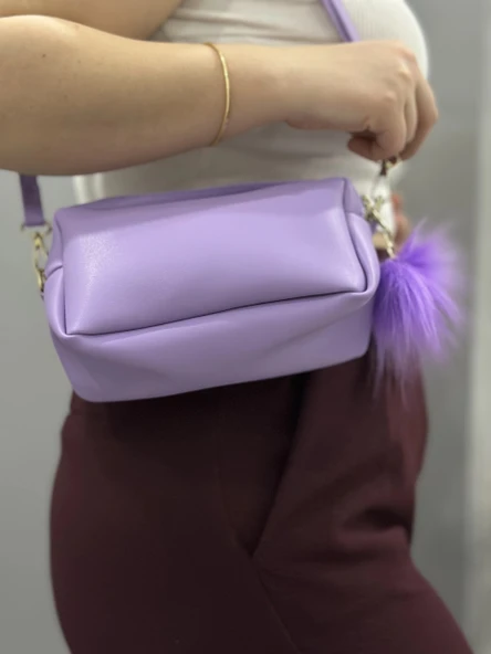 BİÇOMİ Ponpon mor cilt çanta - Resim 4
