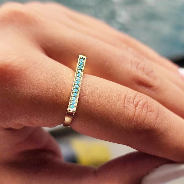 Gümüş Yüzük - Firuze Taşlı Düz Çizgi Modern Dizayn 925 Ayar Gümüş Yüzük - Resim 2