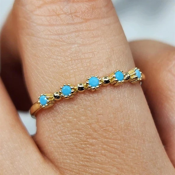 Gümüş Yüzük - Firuze Taşlı Beş Taşlı Minimal Modern Tasarım 925 Ayar Gümüş Yüzük - Resim 5