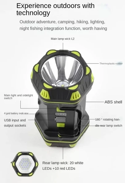 F-262 Yeni Güçlü Çift Taraflı Taşınabilir Spot Ve Işıldak Usb Powerbank Şarjlı Fener - Resim 2