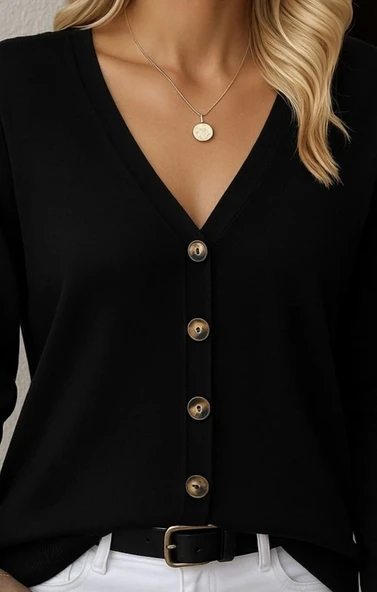 MDB Kasın Uzun Kollu önü Düğmeli Kısa Hırka - Resim 3