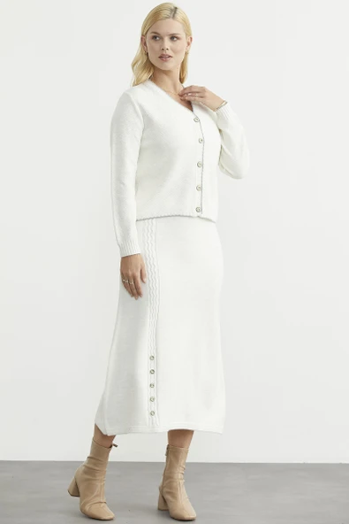 Kloş Etek Hırka Triko Takım - Kemik - 5