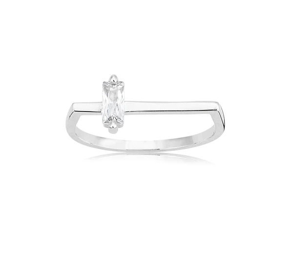 Gümüş Yüzük - Ufuk Çizgisi Şans Totemi Minimal Pırlanta Swarovski Taşlı Baget 925 Ayar Gümüş Yüzük - Resim 2