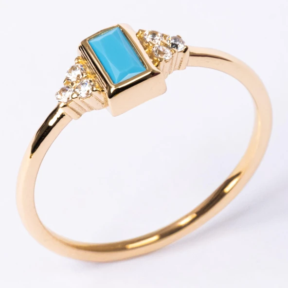 Gümüş Yüzük - Baget Kesim Firuze (Turkuaz) Taşlı Modern 925 Ayar Gümüş Tektaş Yüzük Günlük-Hediyelik - 7