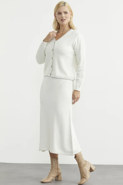 Kloş Etek Hırka Triko Takım - Kemik - 4