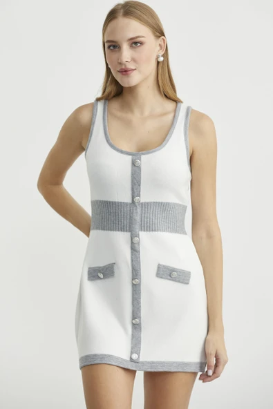 Blok Geçişli Elbise Hırka Triko Takım - Gri - 3