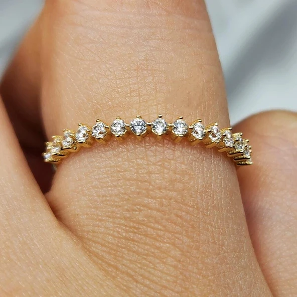 Gümüş Yüzük - Yarım Tur Alyans Zirkon Taşlı 925 Ayar Gümüş Yüzük - 9